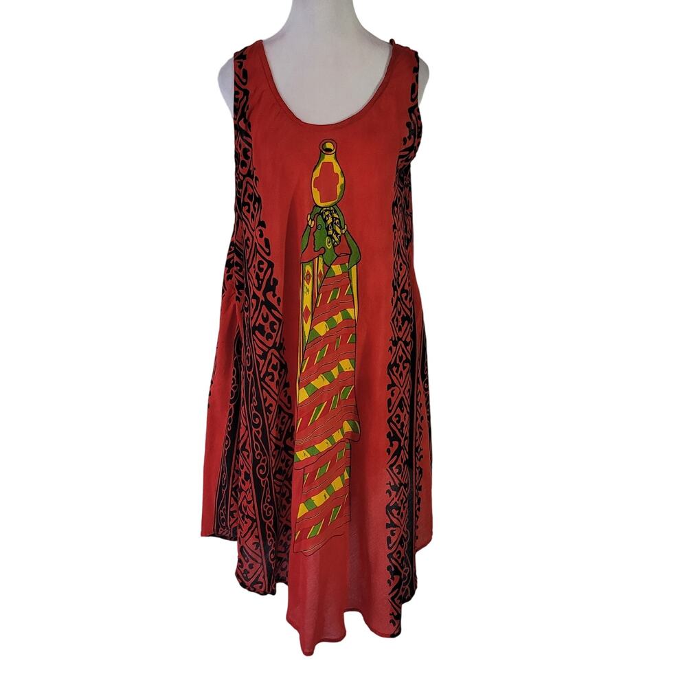 Seven Islands Size M Red Black Sleeveless Midi Dress‎ Unique Art To Wear Shift